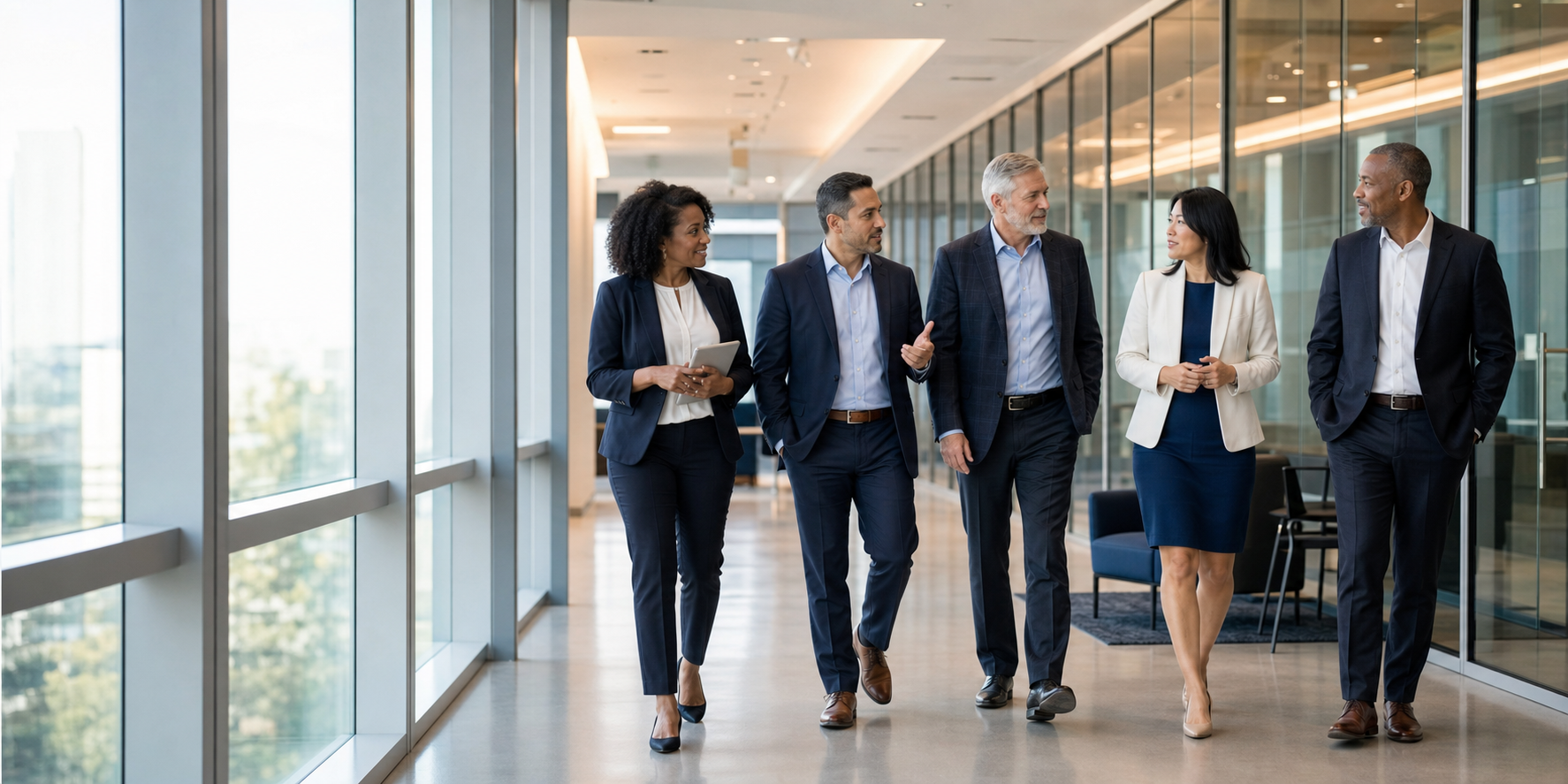 A diverse executive technology consulting team walking through a modern office building.
