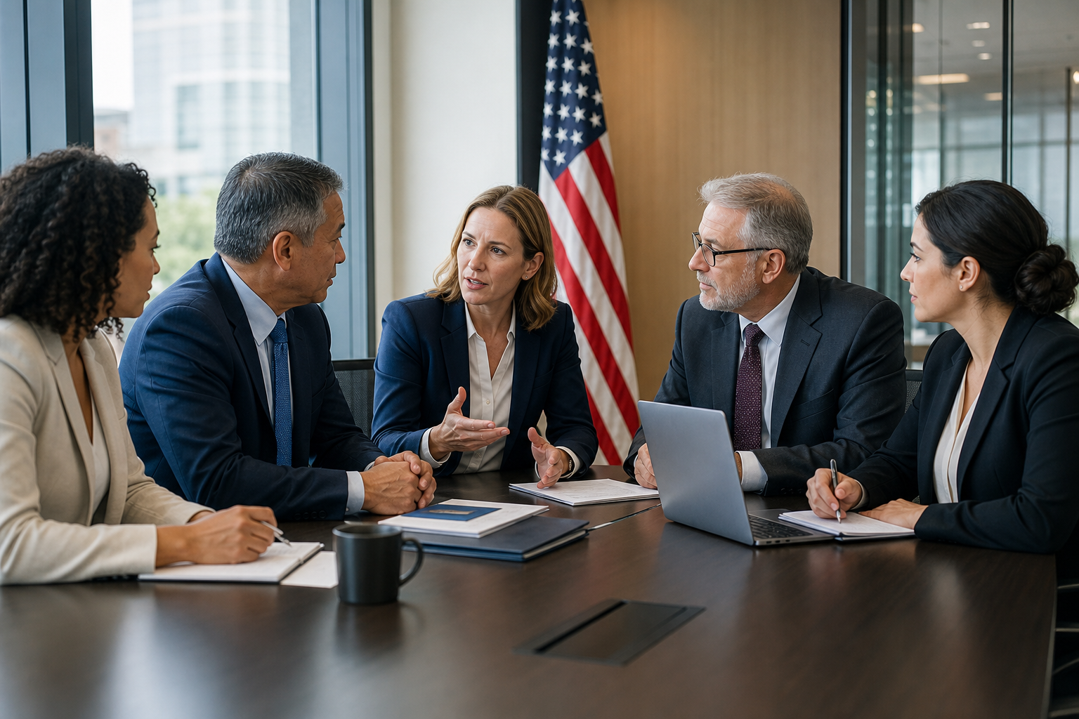 Consultants and government stakeholders meeting in a clean conference room with a subtle American flag.