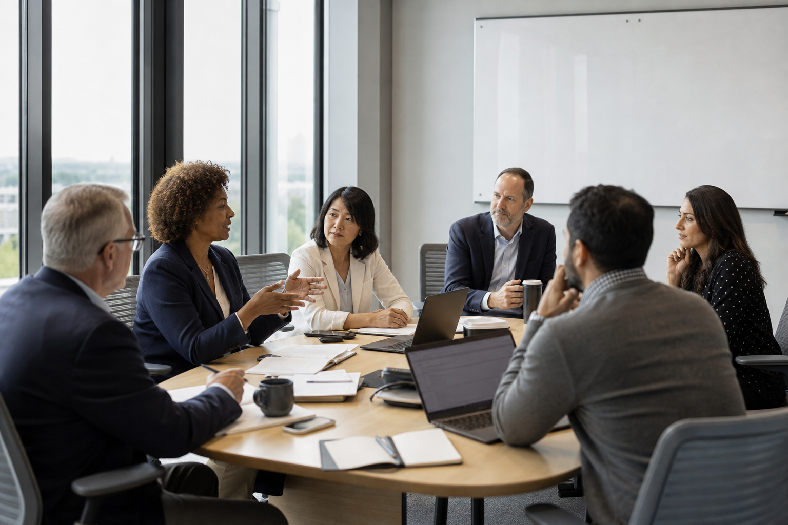 Leadership team discussing accountable AI governance in a modern conference room.